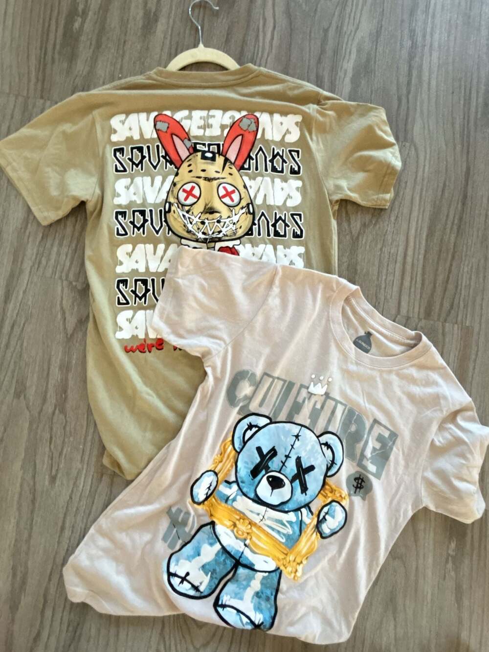 Set of 2 Launder "Savage Sounds" Bunny and Bear Graphic Tan T-Shirts